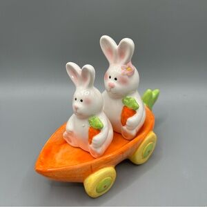 White Easter Bunny Rabbits On Carrot Car Salt & Pepper Shakers